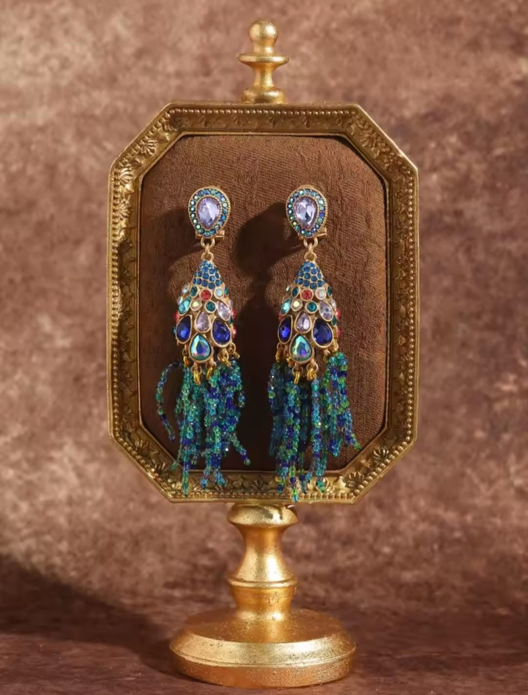 April™ Vintage Blue Pearl Tassel Peacock Crystal Earrings