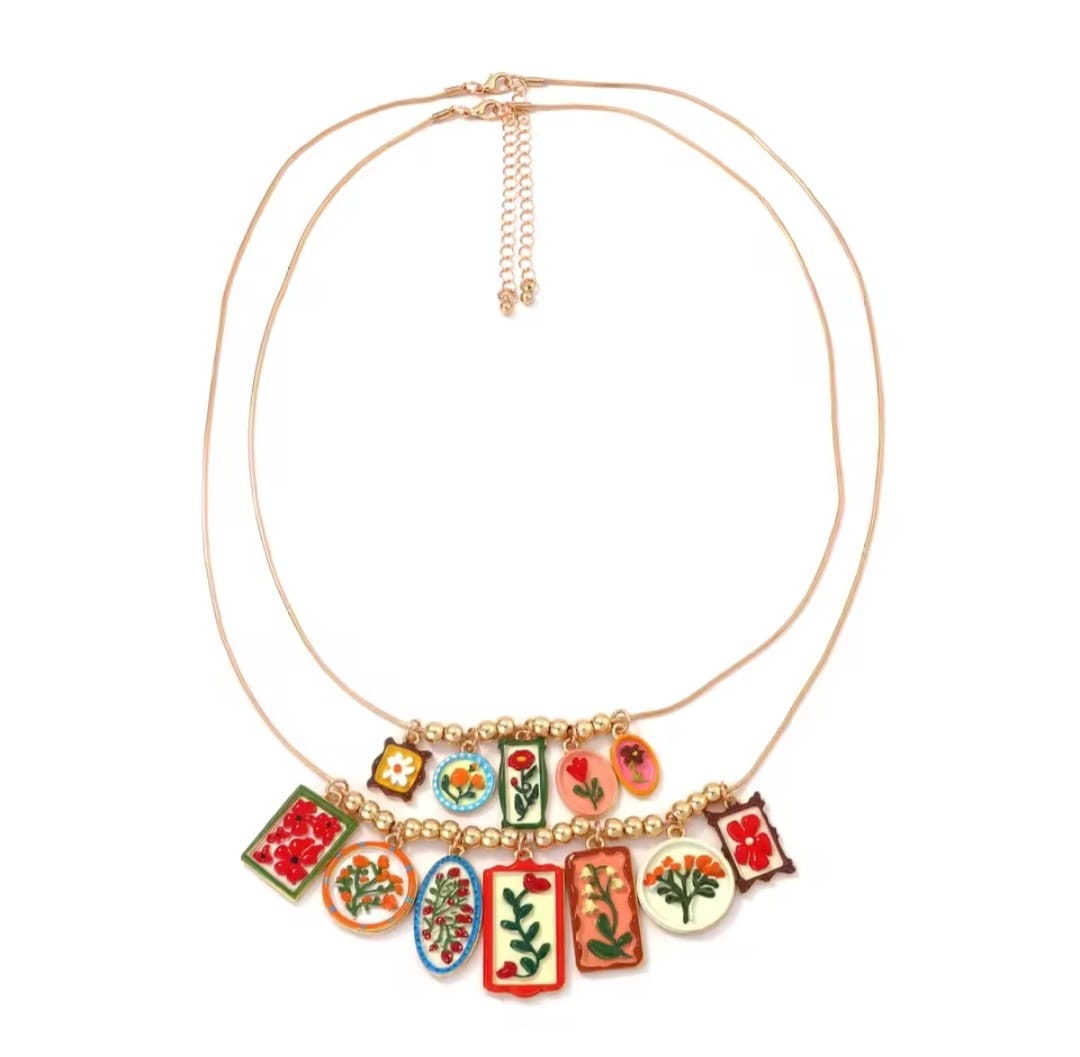 Kornisa™ Colorful Floral Enamel Geometric Pendant Necklace
