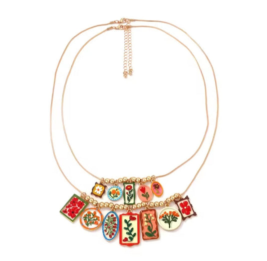 Kornisa™ Colorful Floral Enamel Geometric Pendant Necklace