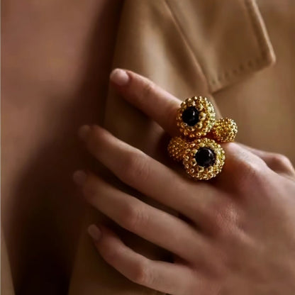 Ceralya™ Vintage Gold Black Agate Open Ring