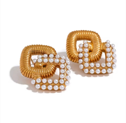 Hilaria™ Vintage Geometric Square Pearl Zircon Stud Earrings
