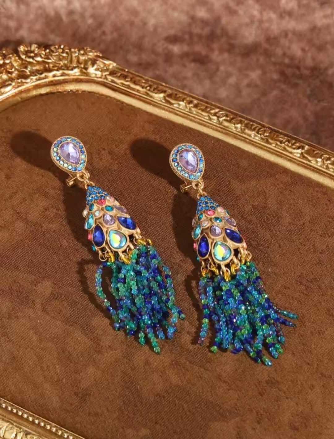April™ Vintage Blue Pearl Tassel Peacock Crystal Earrings