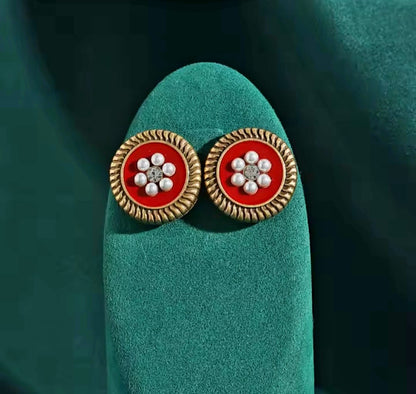 Aelia™ Vintage Red Pearl Floral Zircon Stud Earrings