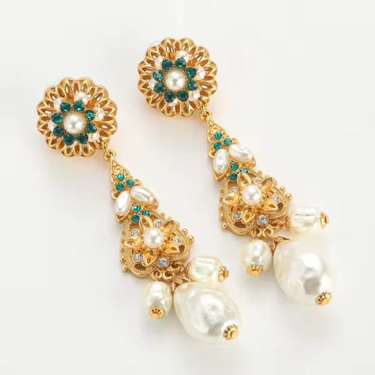 Emeralda™ Vintage Baroque Pearl Sunflower Drop Earrings