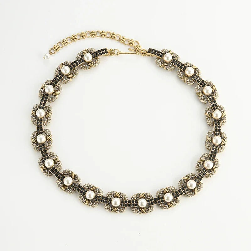 Balvent™ Vintage Pearl & Black Crystal Choker Necklace
