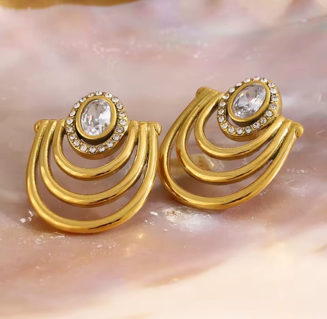 Ubiana™ U-Shaped Zircon Statement Stud Earrings – Gold Plated Stainless Steel Jewelry