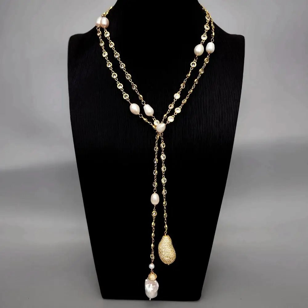 Lambront™ White Baroque Pearl CZ Rosary Necklace