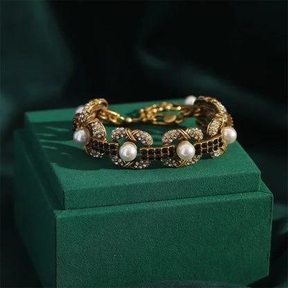 Balvent™ Vintage Pearl Bangle Bracelet with Black Crystals