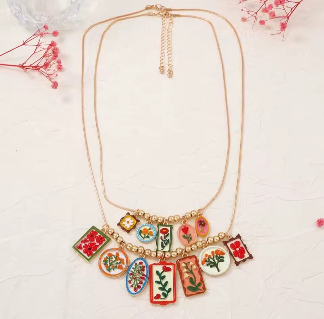 Kornisa™ Colorful Floral Enamel Geometric Pendant Necklace