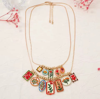 Kornisa™ Colorful Floral Enamel Geometric Pendant Necklace