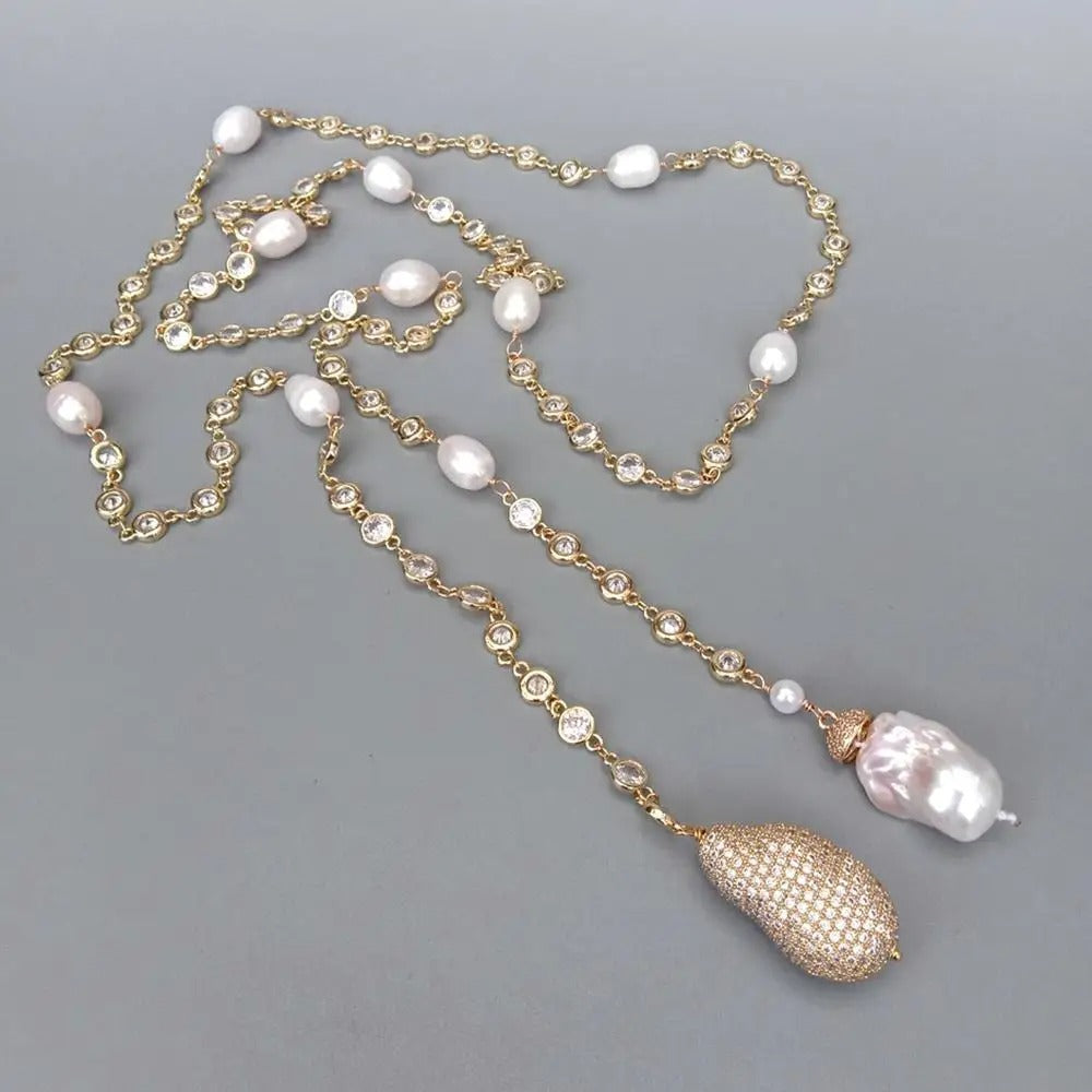 Lambront™ White Baroque Pearl CZ Rosary Necklace