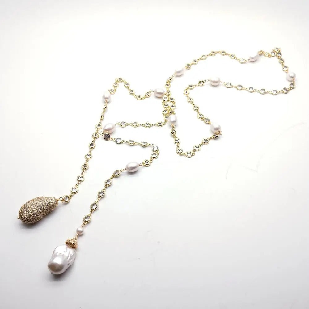 Lambront™ White Baroque Pearl CZ Rosary Necklace