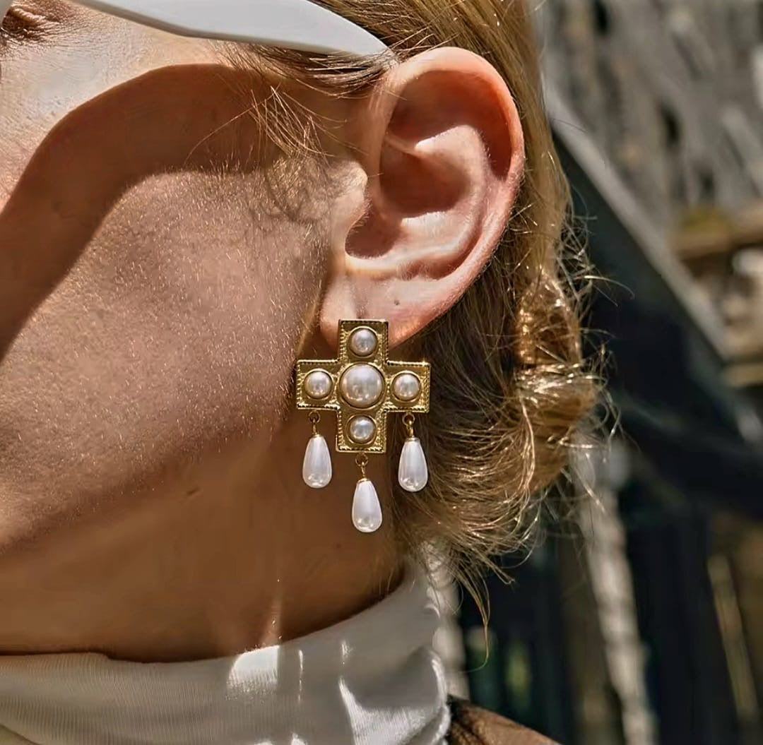 Georgia™ 18K Gold Pearl Cross Earrings