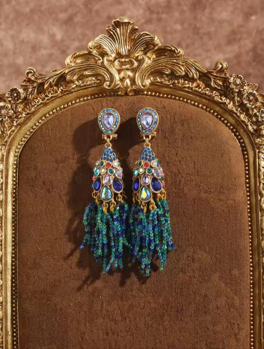 April™ Vintage Blue Pearl Tassel Peacock Crystal Earrings