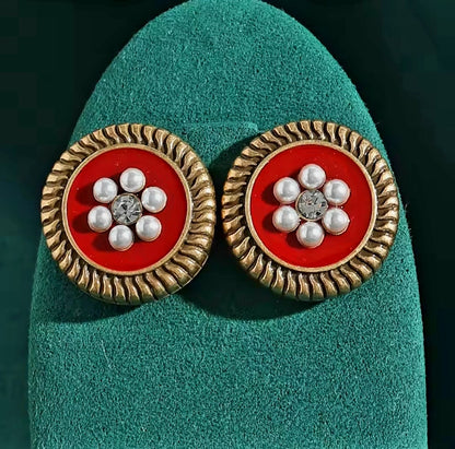 Aelia™ Vintage Red Pearl Floral Zircon Stud Earrings