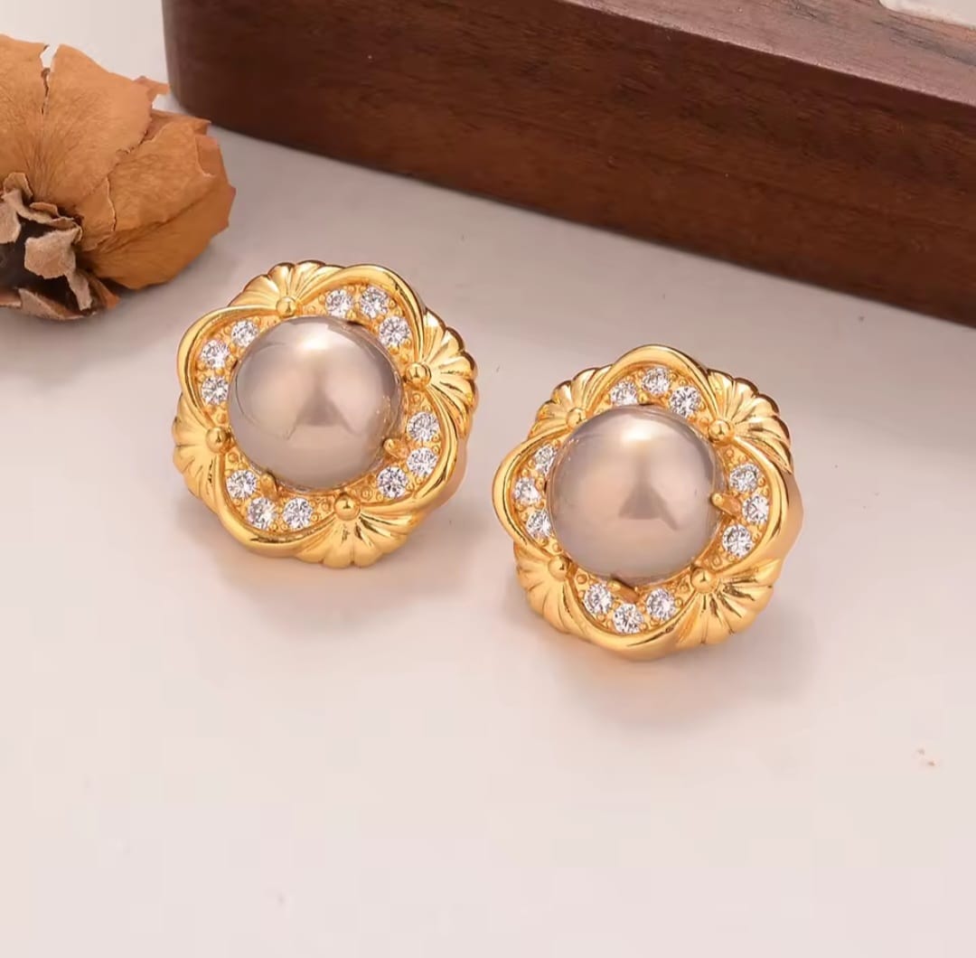 Ilaria™ Gold Flower Tiger Eye & Pearl Zircon Stud Earrings