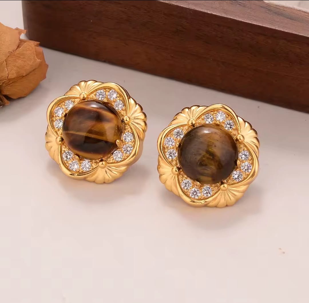 Ilaria™ Gold Flower Tiger Eye & Pearl Zircon Stud Earrings