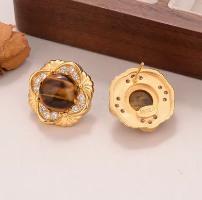 Ilaria™ Gold Flower Tiger Eye & Pearl Zircon Stud Earrings