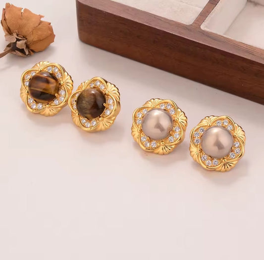 Ilaria™ Gold Flower Tiger Eye & Pearl Zircon Stud Earrings