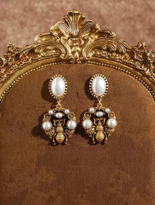 Anette™ Vintage Pearl Moth & Bee Palace Drop Earrings