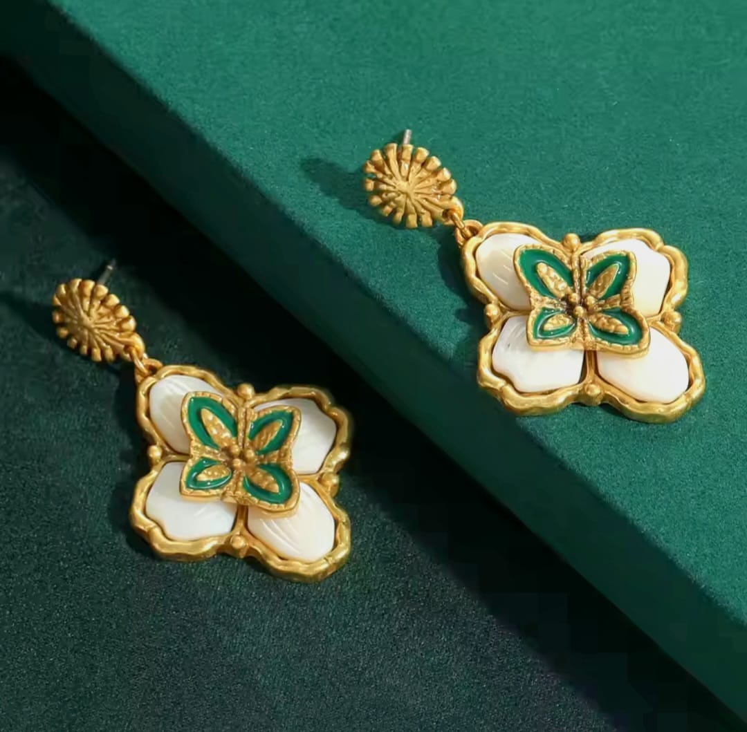 Belliora™ Bohemian Shell Opal Four-Leaf Clover Drop Earrings
