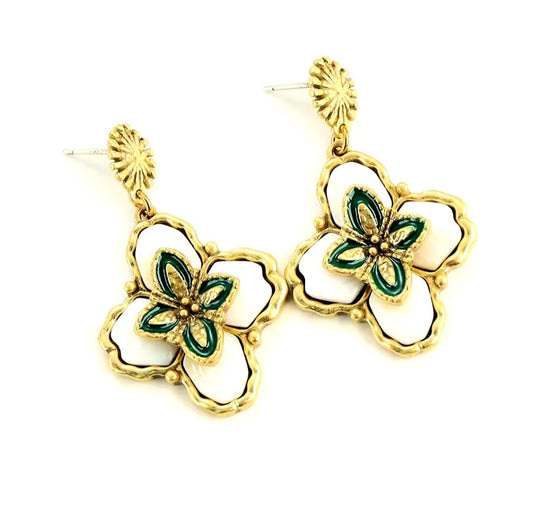 Belliora™ Bohemian Shell Opal Four-Leaf Clover Drop Earrings