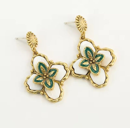 Belliora™ Bohemian Shell Opal Four-Leaf Clover Drop Earrings