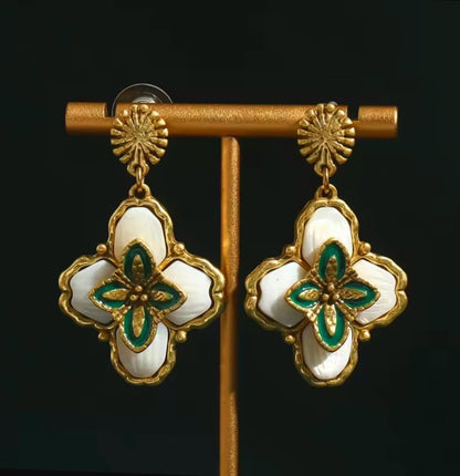 Belliora™ Bohemian Shell Opal Four-Leaf Clover Drop Earrings