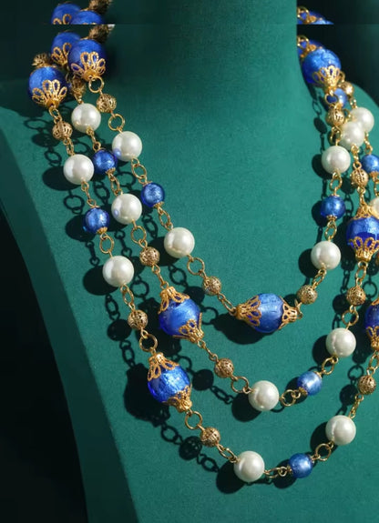 Staria™ Vintage Baroque Blue Glass Layered Pearl Necklace