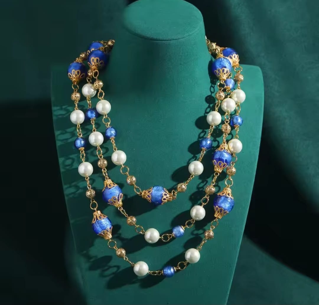 Staria™ Vintage Baroque Blue Glass Layered Pearl Necklace