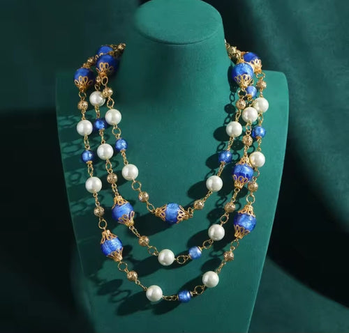 Staria™ Vintage Baroque Blue Glass Layered Pearl Necklace