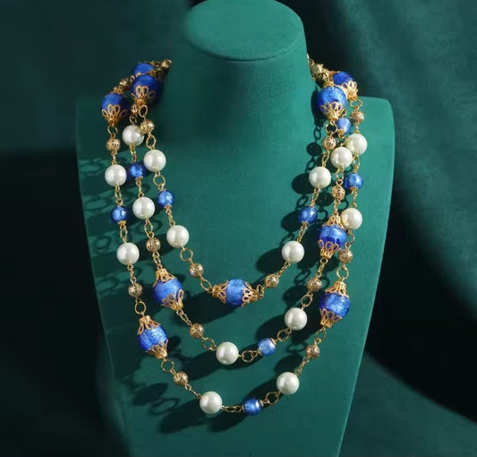 Staria™ Vintage Baroque Blue Glass Layered Pearl Necklace