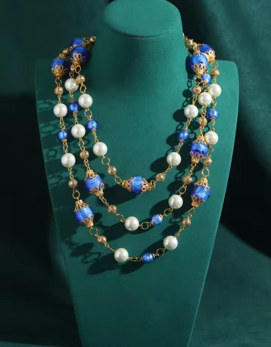 Staria™ Vintage Baroque Blue Glass Layered Pearl Necklace