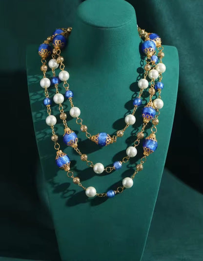 Staria™ Vintage Baroque Blue Glass Layered Pearl Necklace