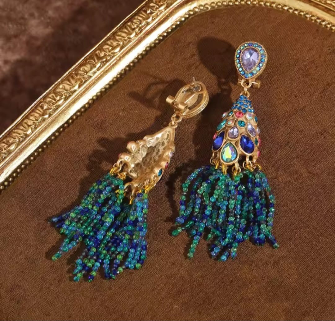 April™ Vintage Blue Pearl Tassel Peacock Crystal Earrings