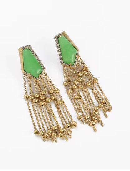 Acsara™ Vintage Green Stone Long Tassel Drop Earrings