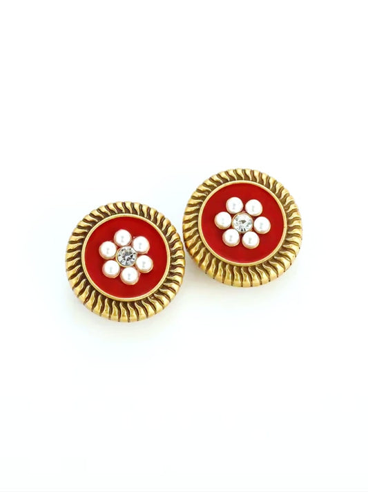 Aelia™ Vintage Red Pearl Floral Zircon Stud Earrings