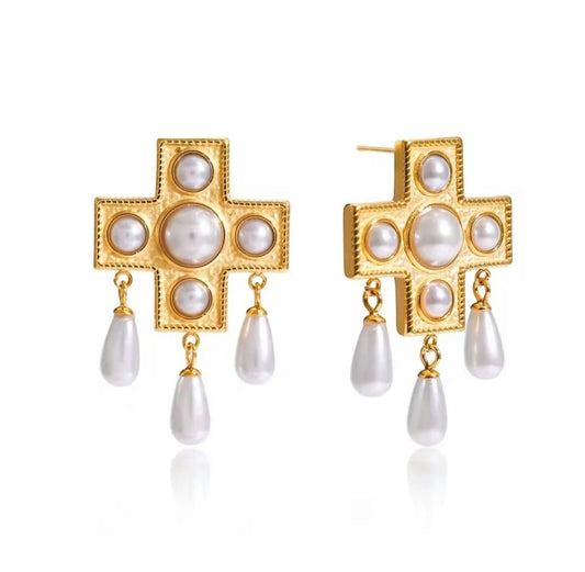 Georgia™ 18K Gold Pearl Cross Earrings
