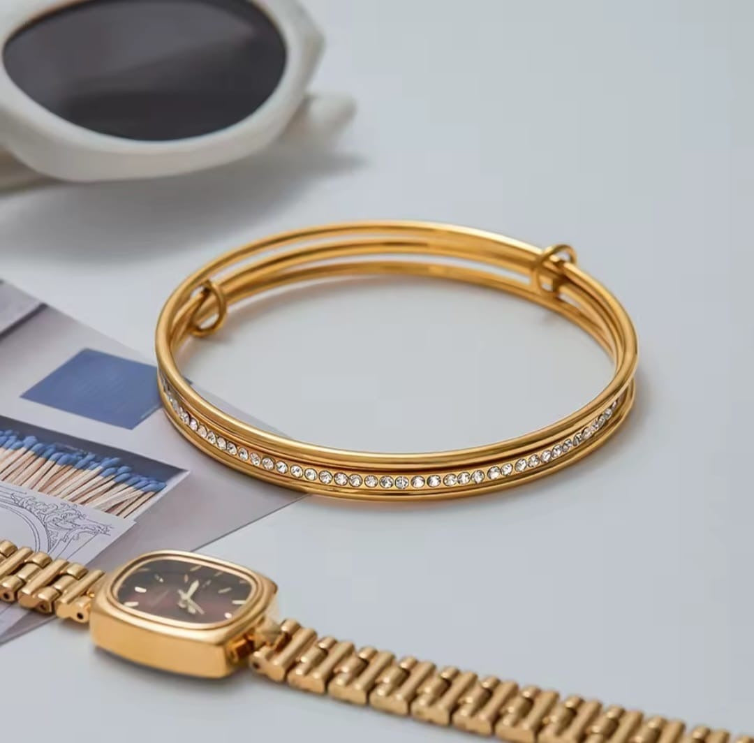 Liona™ 18K Gold Multi-Layer Zircon Geometric Bangle