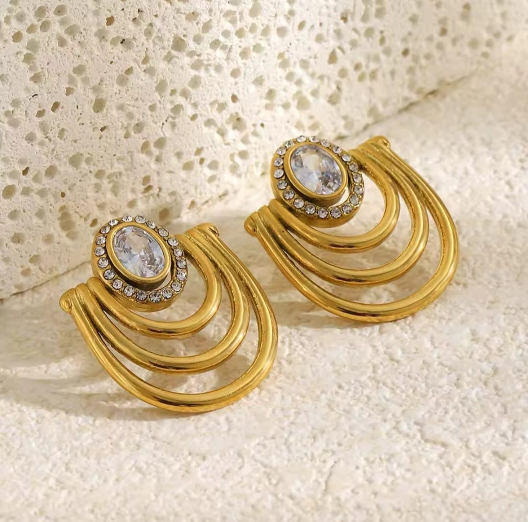 Ubiana™ U-Shaped Zircon Statement Stud Earrings – Gold Plated Stainless Steel Jewelry