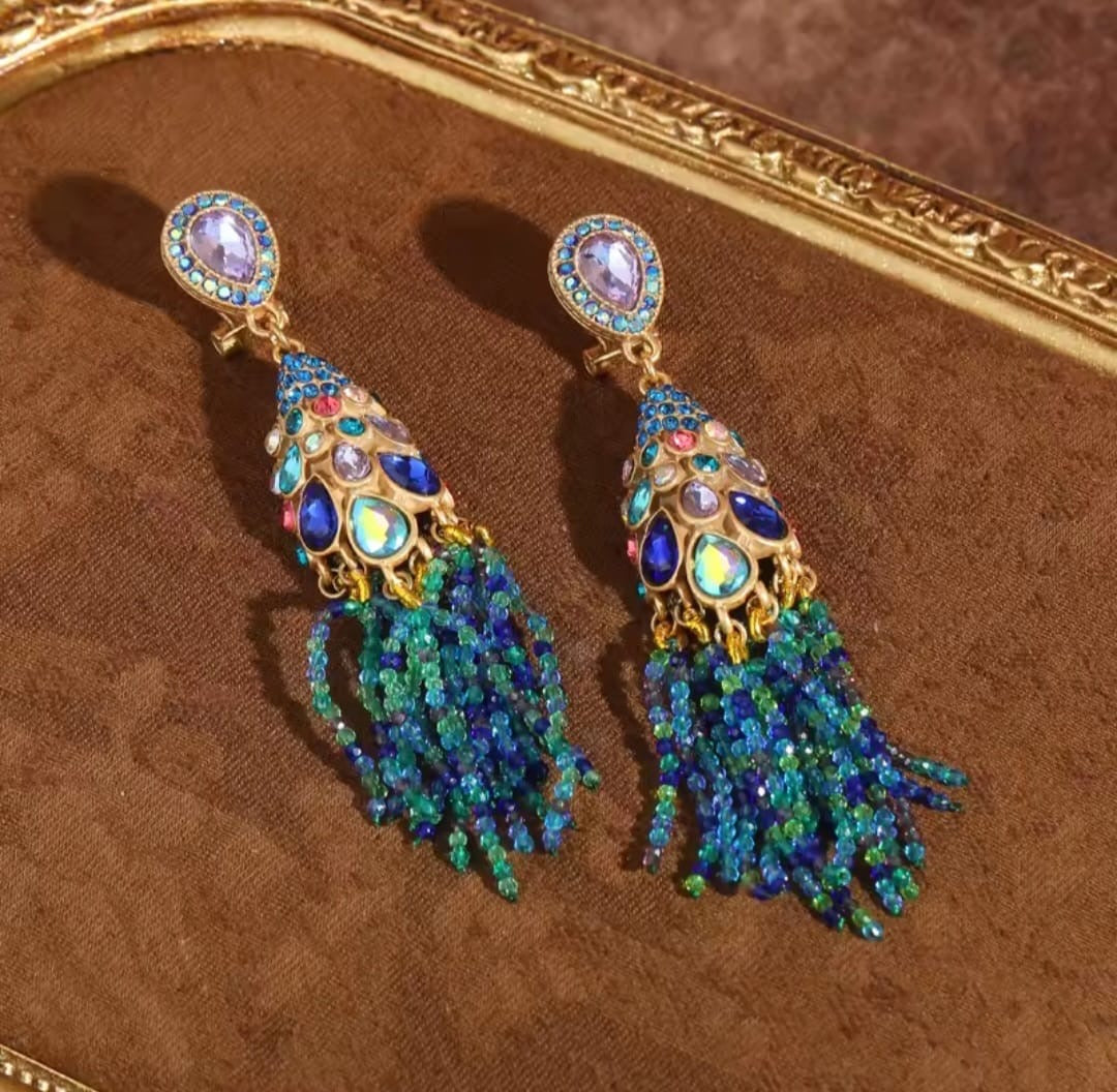April™ Vintage Blue Pearl Tassel Peacock Crystal Earrings