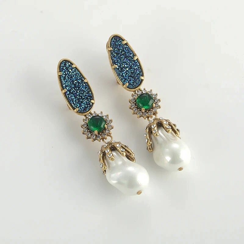 Seraphira™ Vintage Baroque Pearl & Emerald Drop Earrings