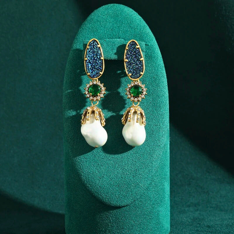 Seraphira™ Vintage Baroque Pearl & Emerald Drop Earrings