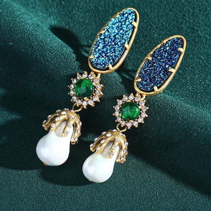 Seraphira™ Vintage Baroque Pearl & Emerald Drop Earrings