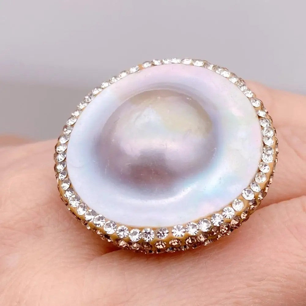 Delysia™ Silver Gray Mabe Pearl Pavé Ring – Adjustable Natural Gemstone Gift for Women