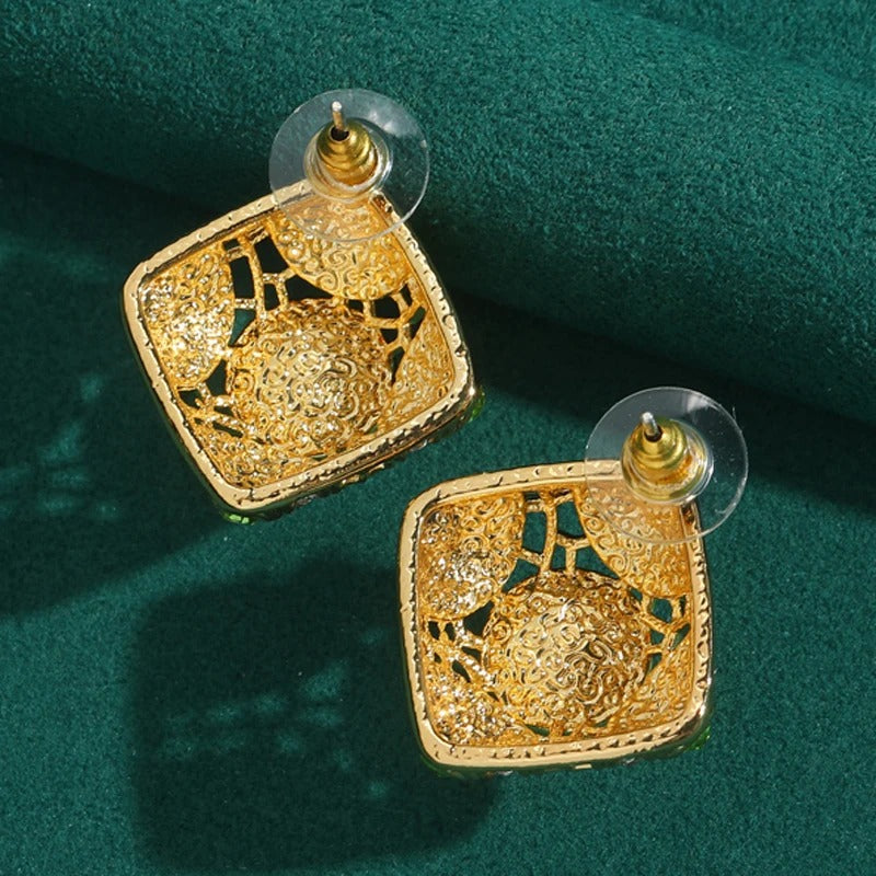 Crivante™ Vintage Green Enamel Pearl Square Earrings