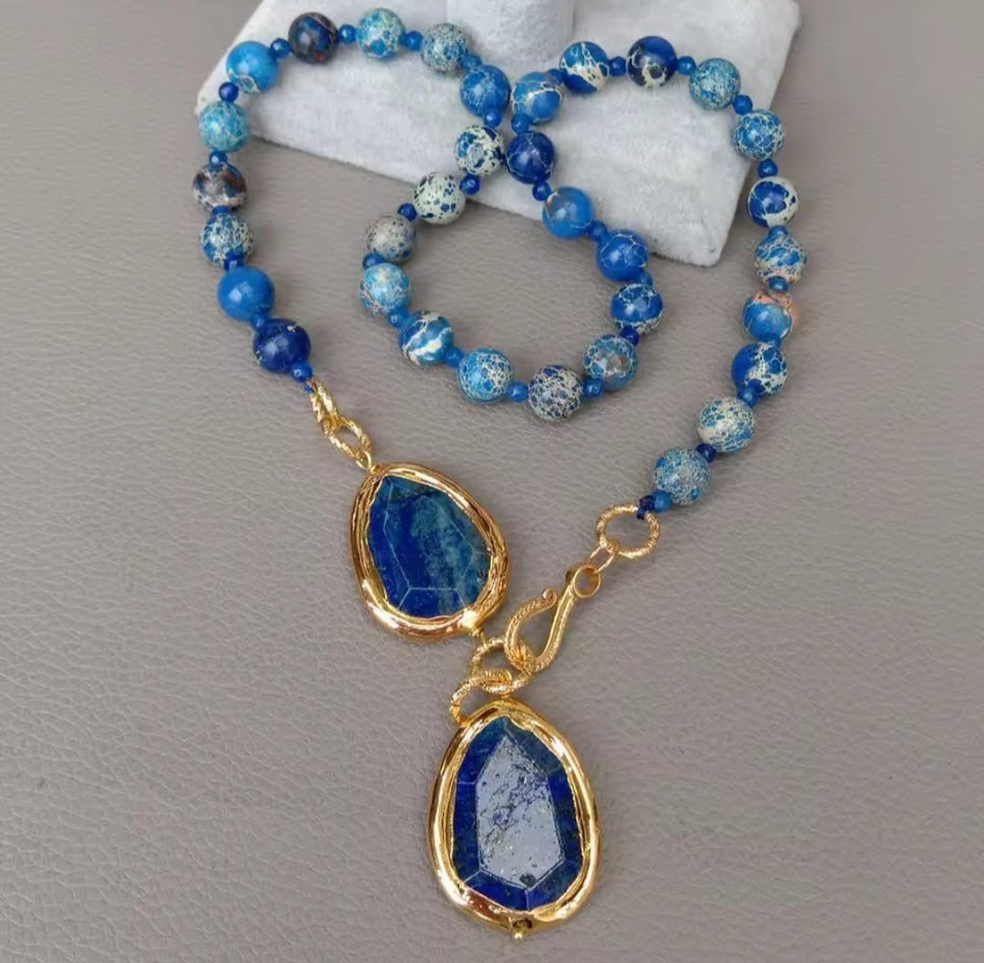 Fidolia™ Natural Blue Sea Jasper Chunk Pendant Necklace