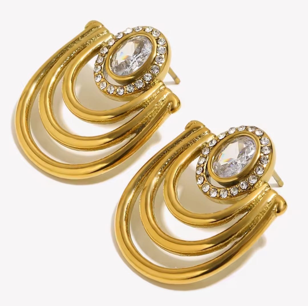 Ubiana™ U-Shaped Zircon Statement Stud Earrings – Gold Plated Stainless Steel Jewelry