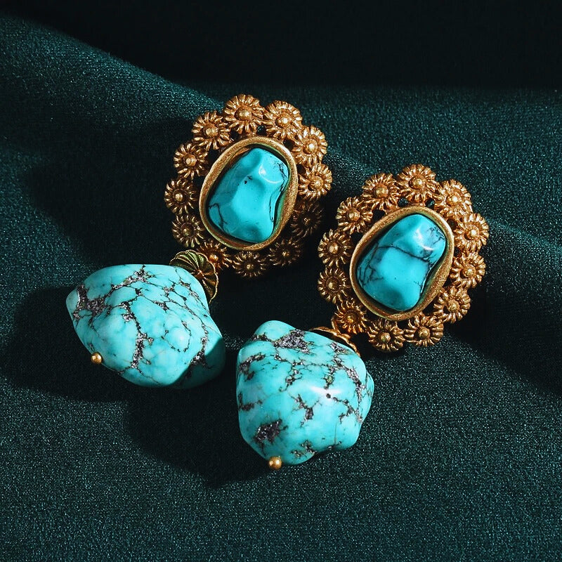 Dorella™ Vintage Floral Blue Stone Drop Earrings – Antique Gold Charm