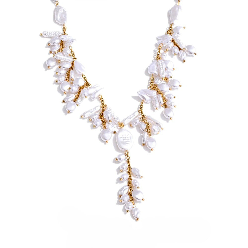 Dolynne™ Pearl Cascade Necklace – Waterproof Stainless Steel Y-Chain Jewelry for Women